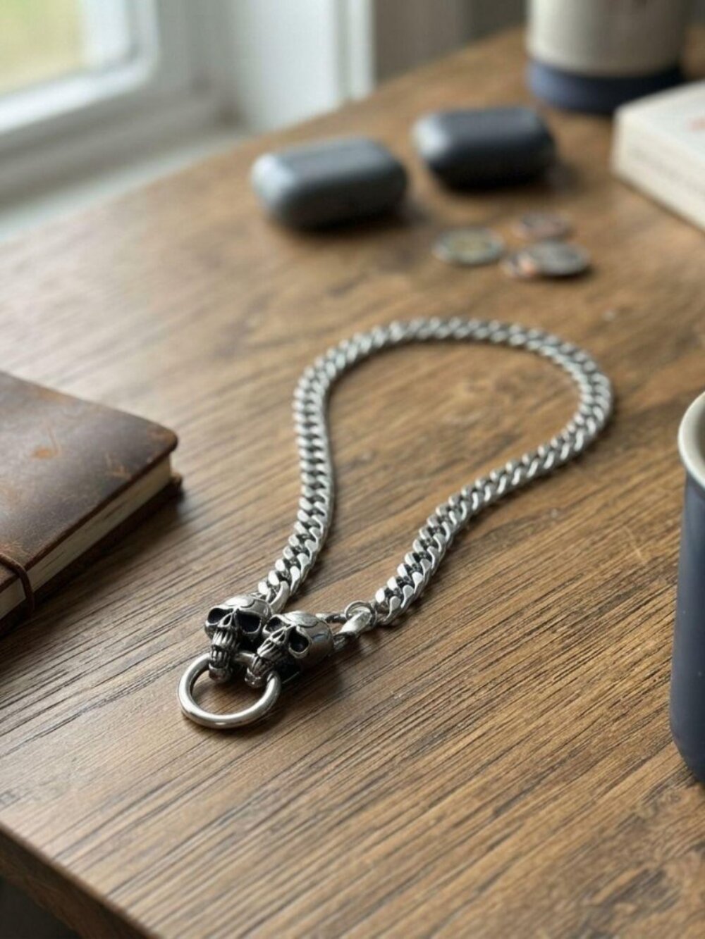 Mens double skull cuban chain necklace stainless steel